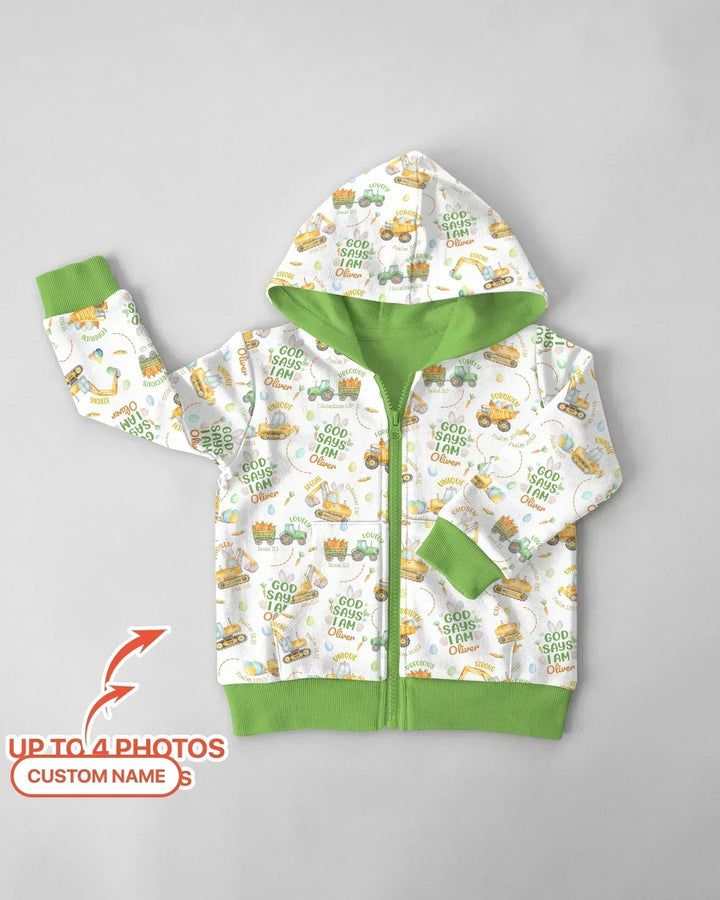 Frohe Ostern Gott sagt, ich bin Personalisierter Name Bambus-Kapuzenpullover mit Reißverschluss