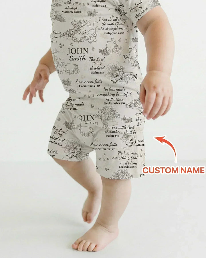 Classic Bear Bible Verse Custom Name Bamboo Two Piece Short Sleeve Shorts Pajama Set