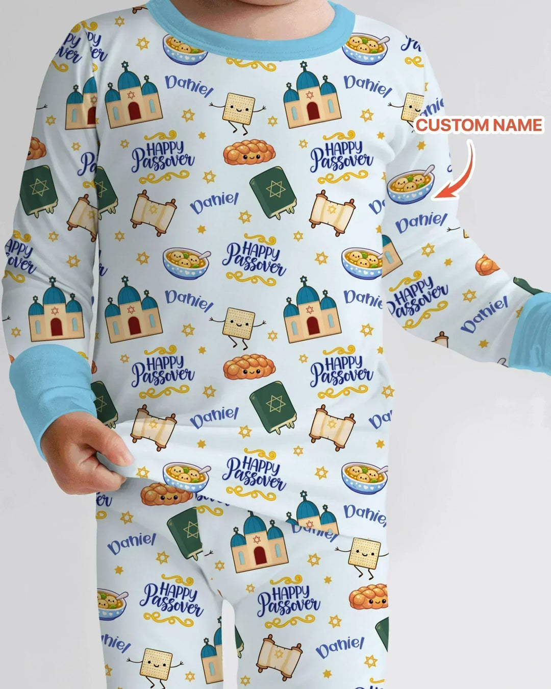 Custom name "Pesach Sameach" Bamboo Two Piece Long Sleeve Pajama Set