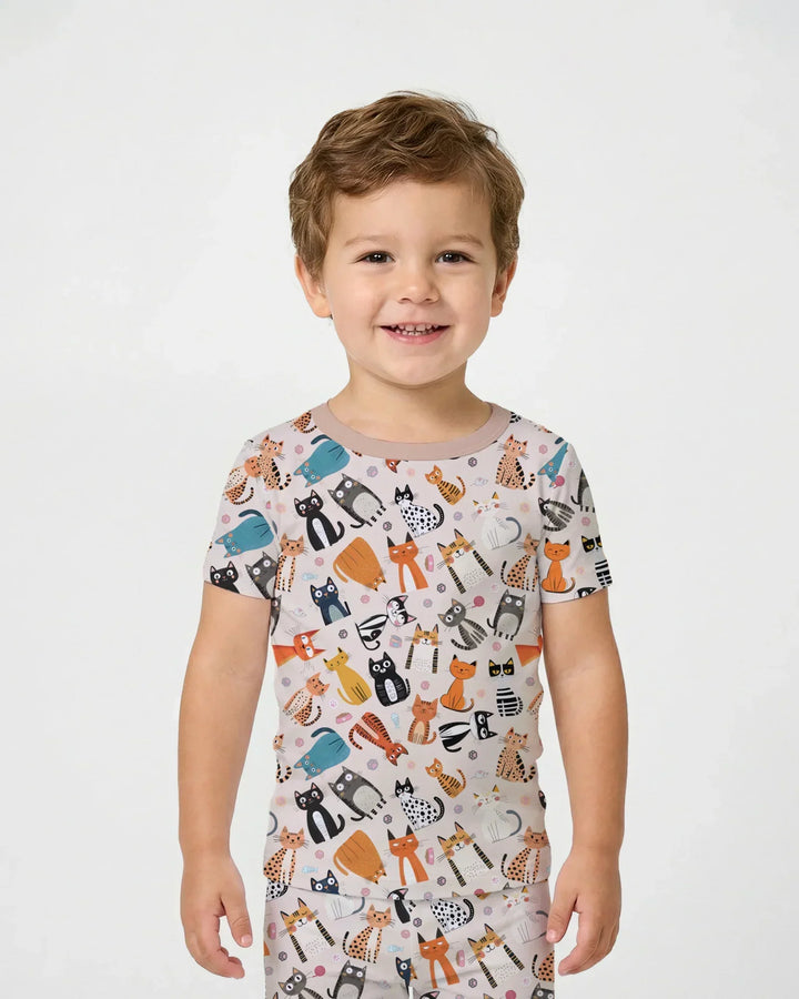 Goofy Mischief Cat Family Matching Bamboo Two Piece Short Sleeve Pajama Set
