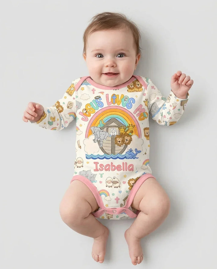 Custom Name Noah's Ark Jesus Loves Me Bamboo Bodysuit