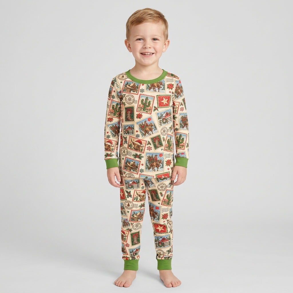 Western Christmas Stamps Bamboo Two Piece Long Sleeve Pajama Set