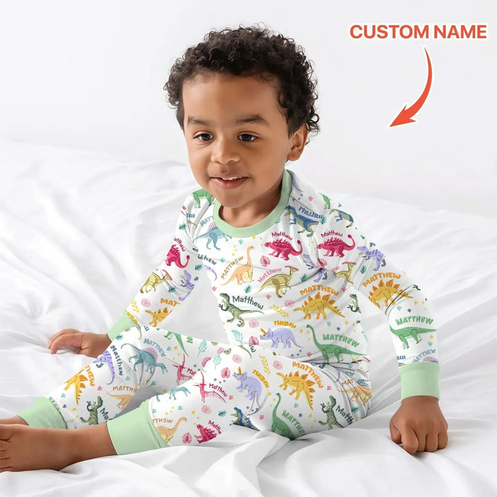 Dino Roar Custom Name Bamboo Two Piece Long Sleeve Pajama Set