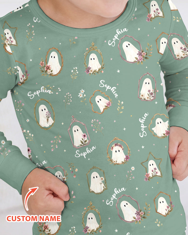 Vintage Floral Ghost Halloween Bamboo Two Piece Long Sleeve Pajama Set