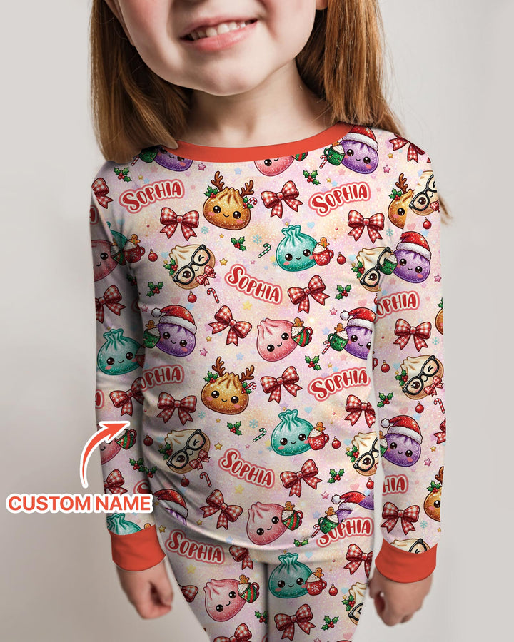 Custom Name Merry Christmas Dumpling Bamboo Two Piece Long Sleeve Pajama Set