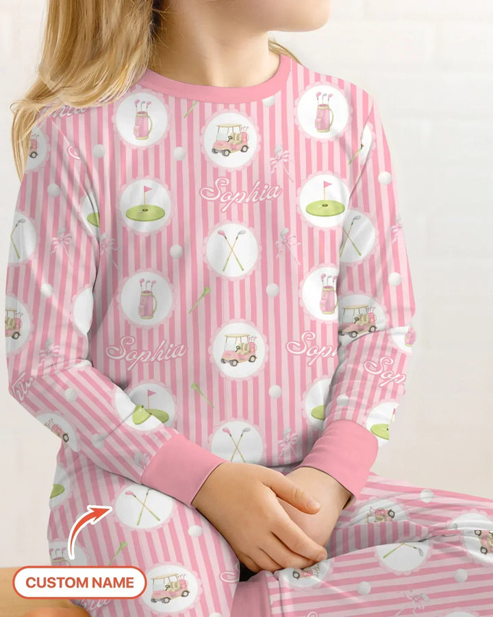 Custom Name Pink Golf Girl Bamboo Two Piece Long Sleeve Pajama Set