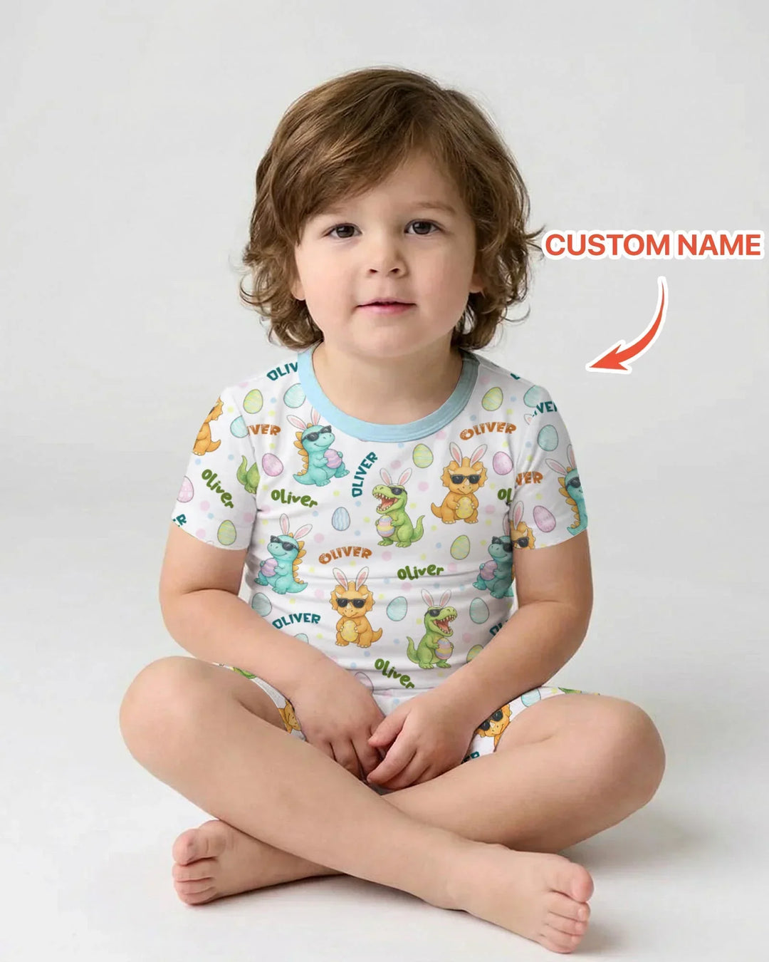 Custom Name Dinosaur on the Hunt Bamboo Two Piece Short Sleeve Shorts Pajama Set