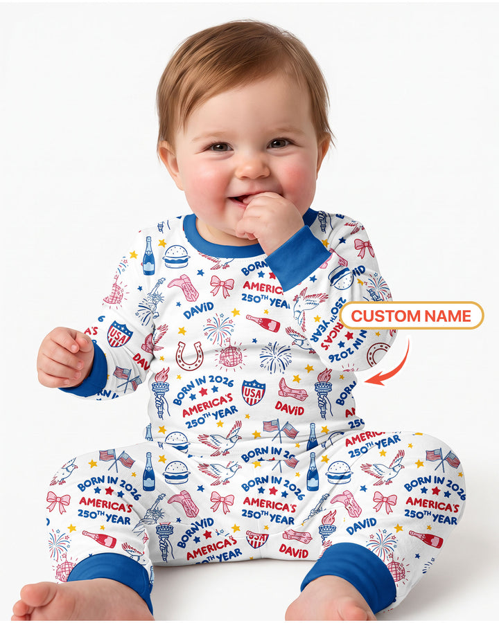 Born in 2026 America’s 250th Year Custom Name Bamboo Two Piece Long Sleeve Pajama Set