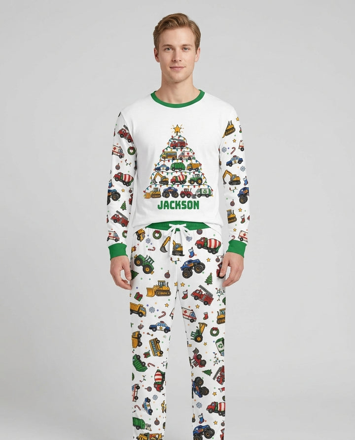 Custom Name Little Trucks Christmas Tree Bamboo Men's Pajama Set