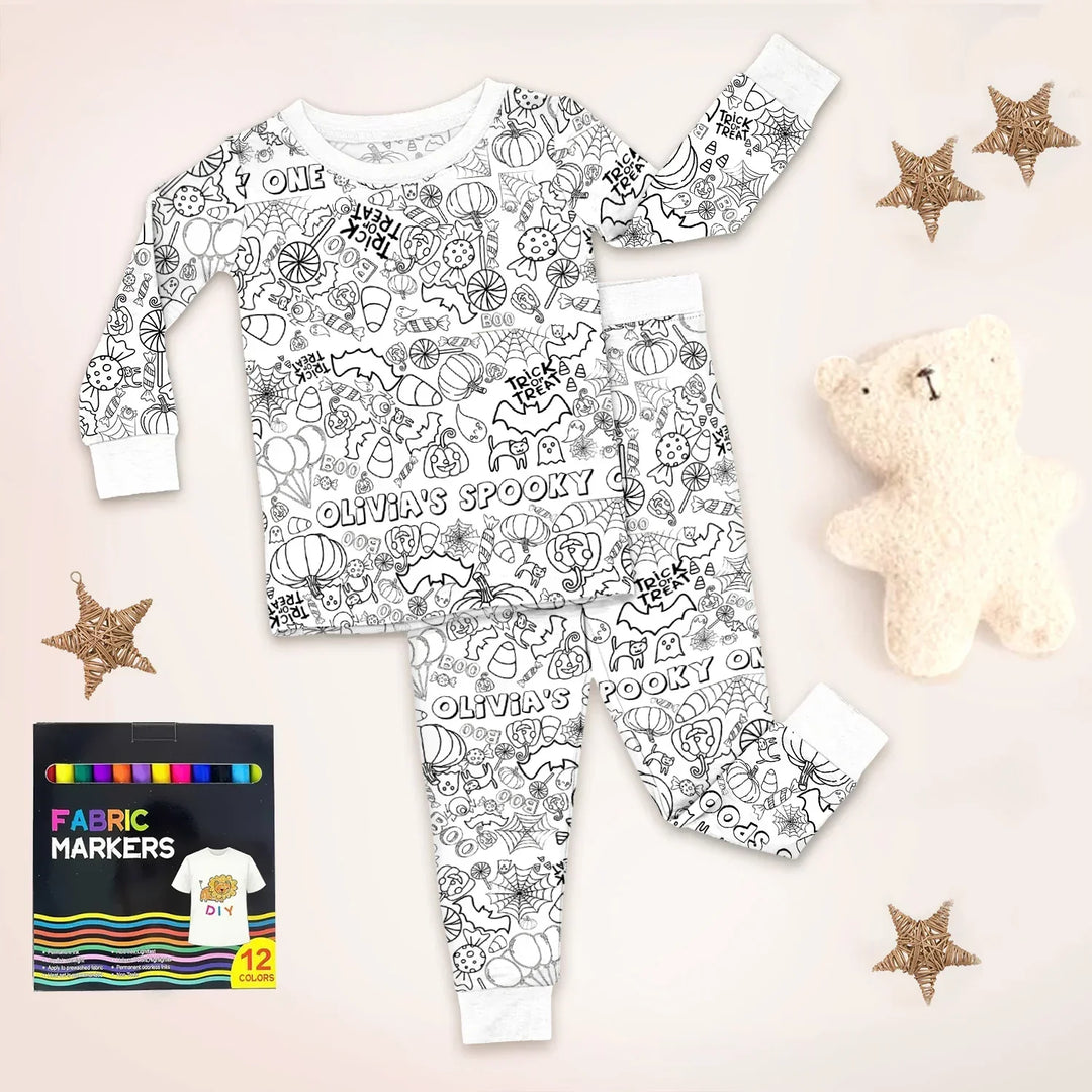 All Halloween Colorable Two Piece Long Sleeve Pajama Set , All Halloween Colorable Two Piece Long Sleeve Pajama Set - Custom Spooky / 3T