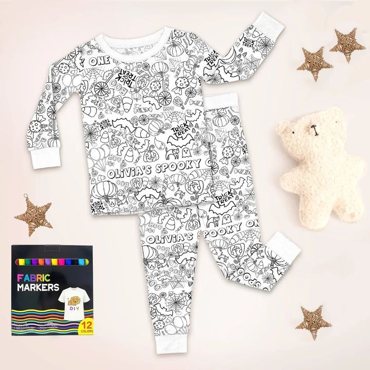 All Halloween Colorable Two Piece Long Sleeve Pajama Set , All Halloween Colorable Two Piece Long Sleeve Pajama Set - Custom Spooky / 3T
