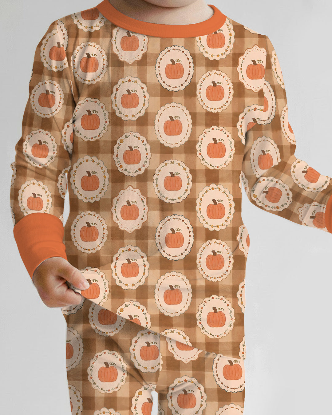 Folksy Framed Gingham Pumpkin Bamboo Two Piece Long Sleeve Pajama Set