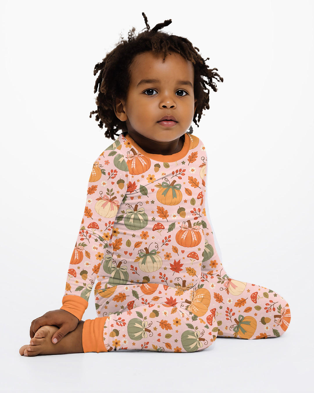 Pastel Pumpkin Bow Fall Bamboo Two Piece Long Sleeve Pajama Set