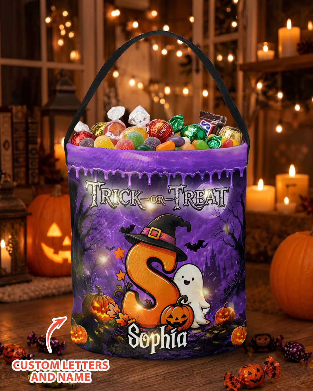 Halloween Initials Spooky Ghost Trick Or Treat Led Light Bucket Bag