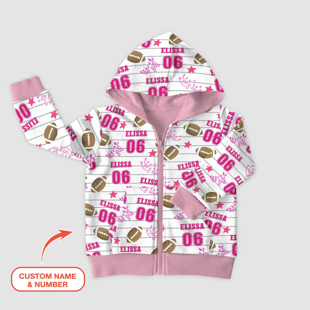 Personalisierter Name Fußball-Zeit Pink Bambus Kapuzenpullover mit Reißverschluss
