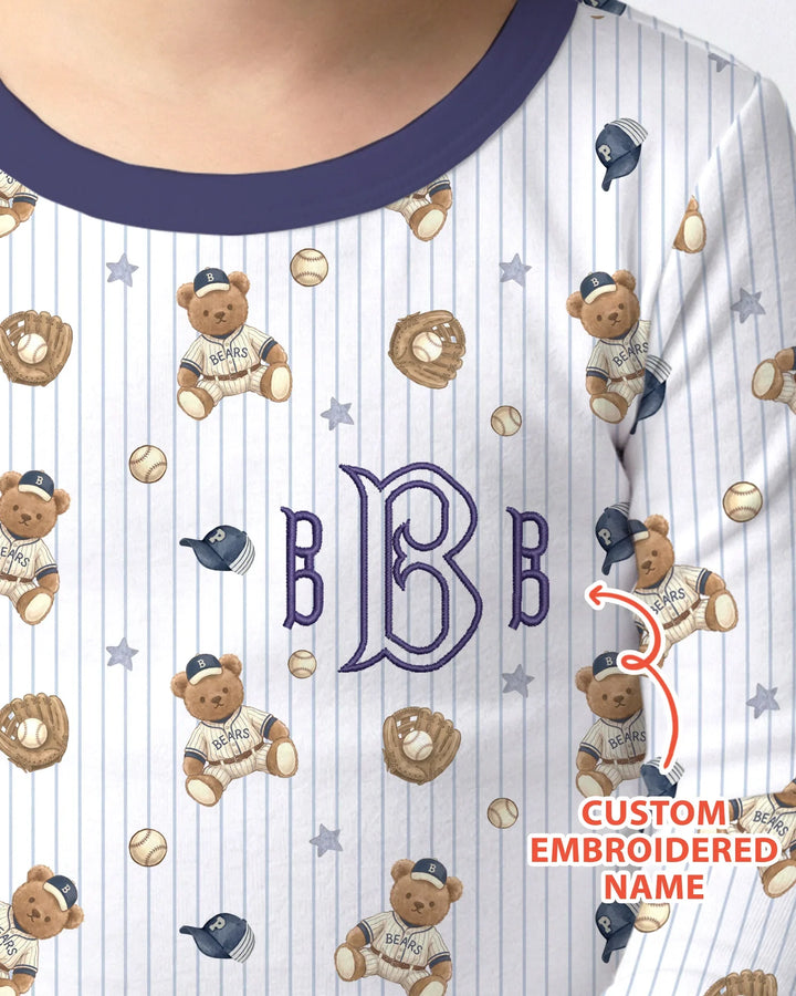 Personalized Embroidered Teddy Bear Baseball Baby Bamboo Two Piece Long Sleeve Pajama Set