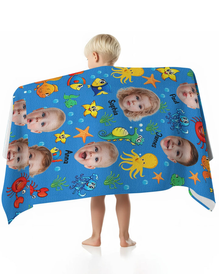 Personalisiertes Foto Niedliches Kindergesicht Aquarell Meerestiere Sommer Bambus Strandtuch