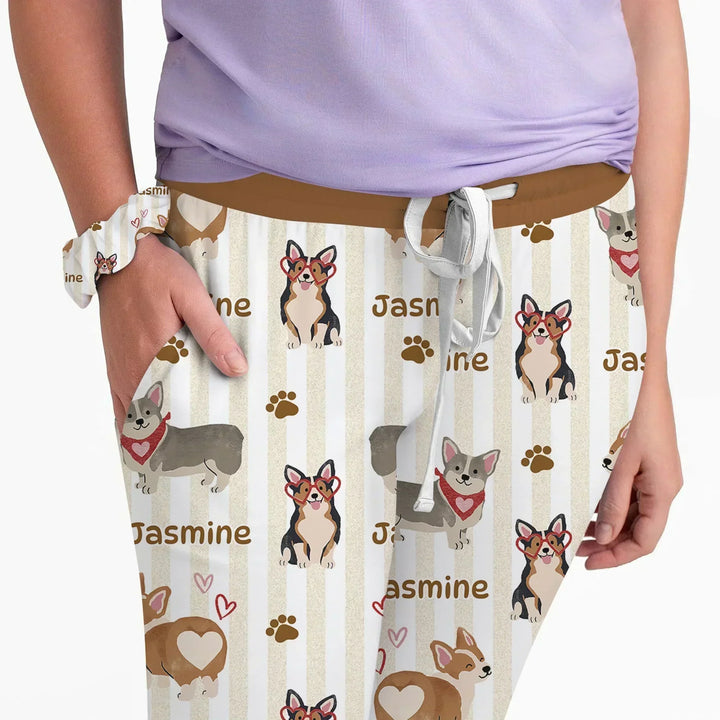 Personalisierter Name Verspielte Corgis Familie Passender Bambus Damen Schlafanzug