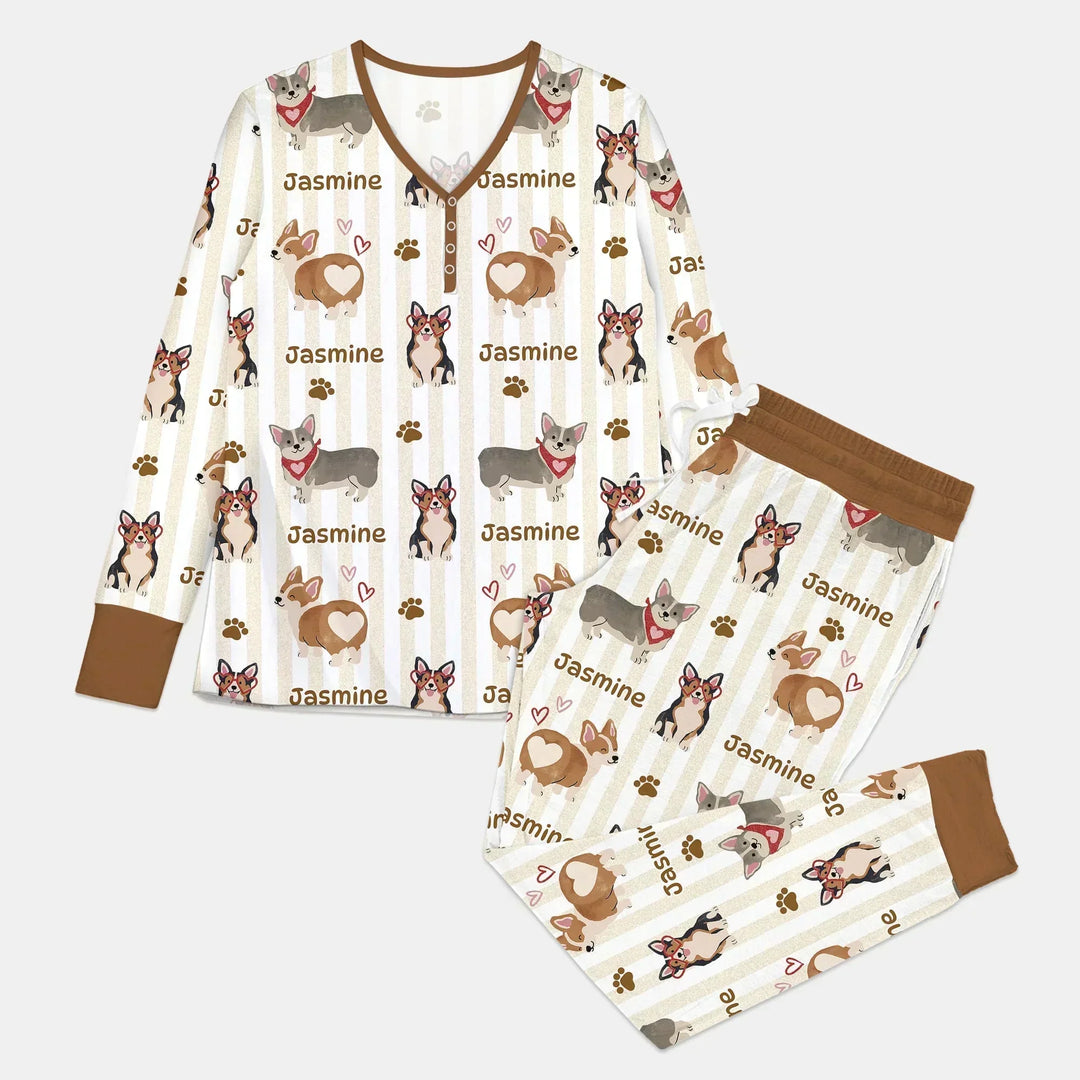Personalisierter Name Verspielte Corgis Familie Passender Bambus Damen Schlafanzug