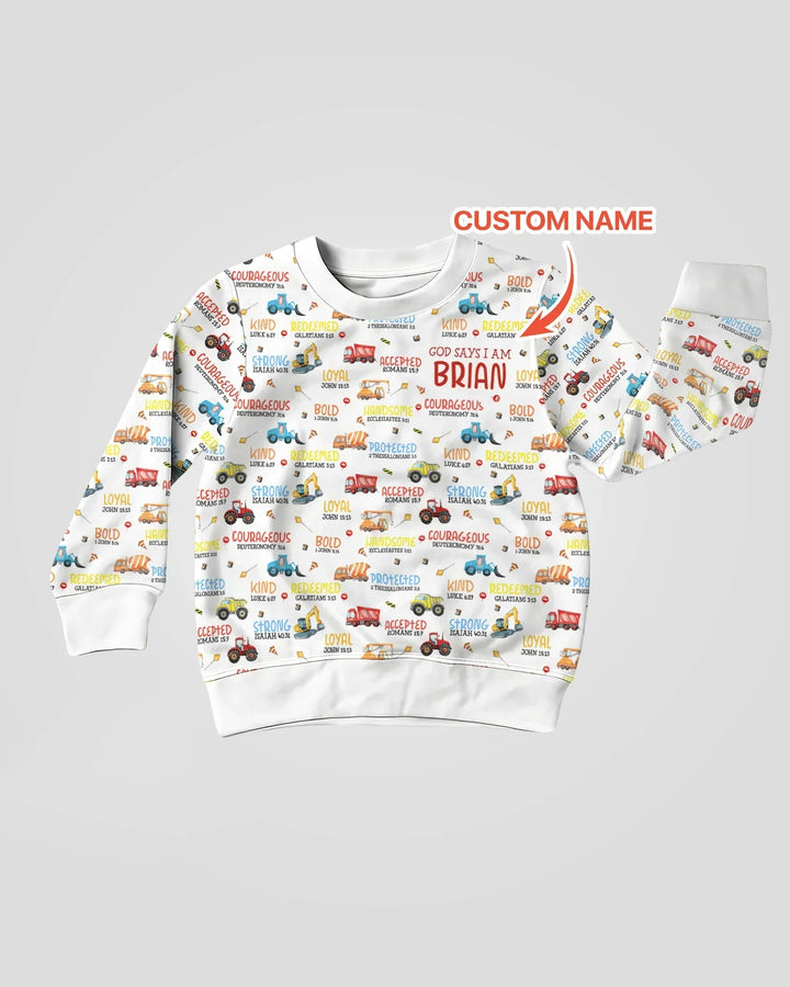 Personalisiertes „Gott sagt, ich bin ein kleiner Baumeister“-Bambus-Rundhals-Sweatshirt