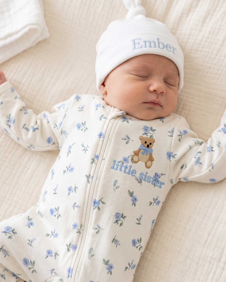 Little Sister Teddy Bear Embroidered Bamboo Zipper Footie