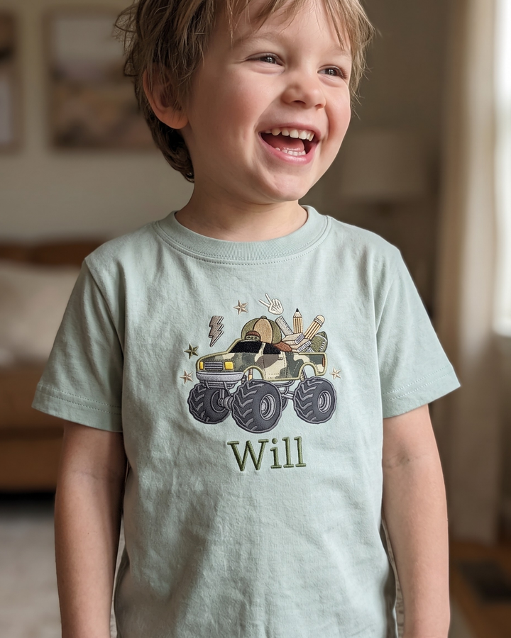 Custom Name Monster Truck Back To School Appliqué Embroidered Bamboo Crewneck T-Shirt
