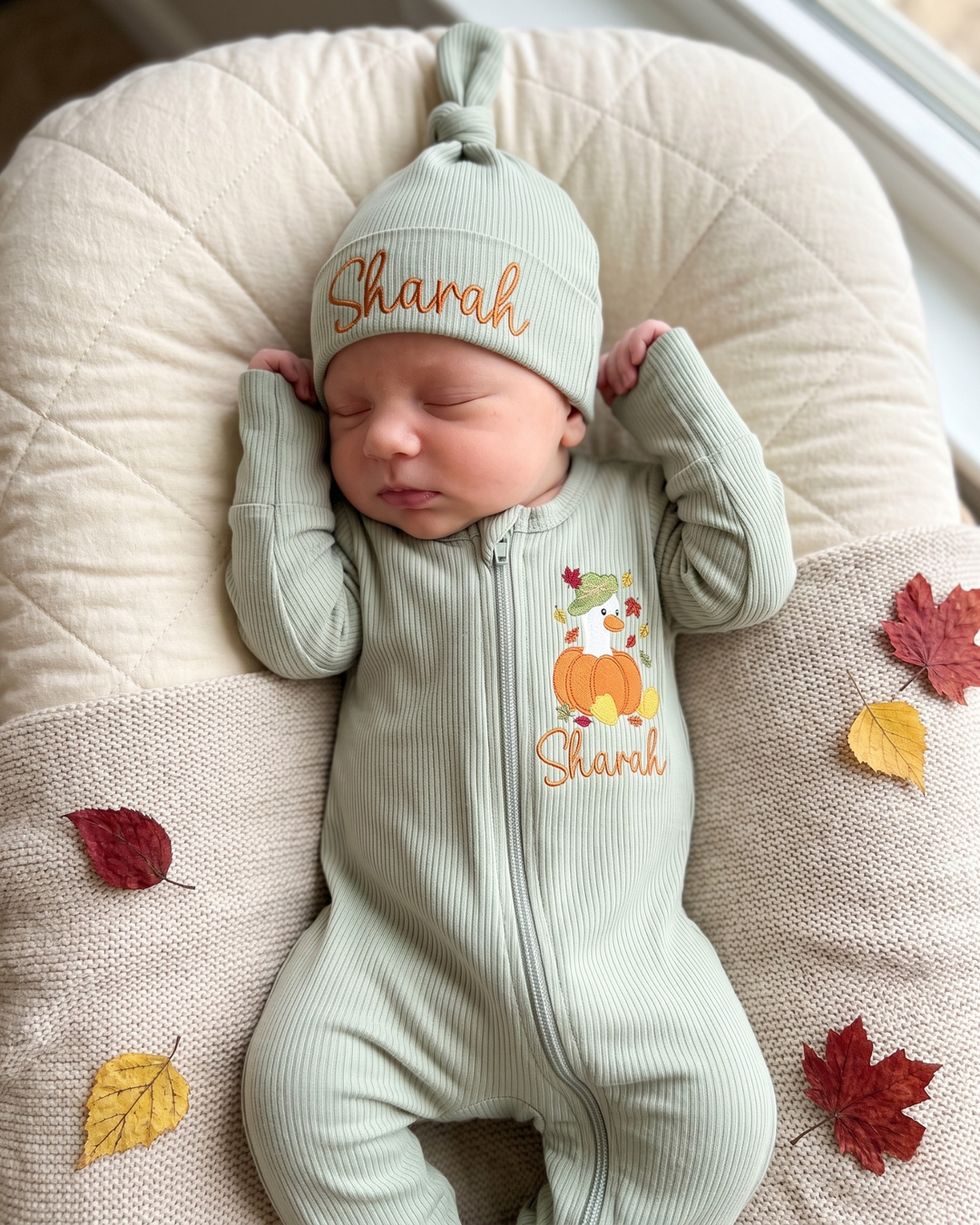 Custom Name Pumpkin Duckling Embroidered Ribbed Bamboo Zipper Footie