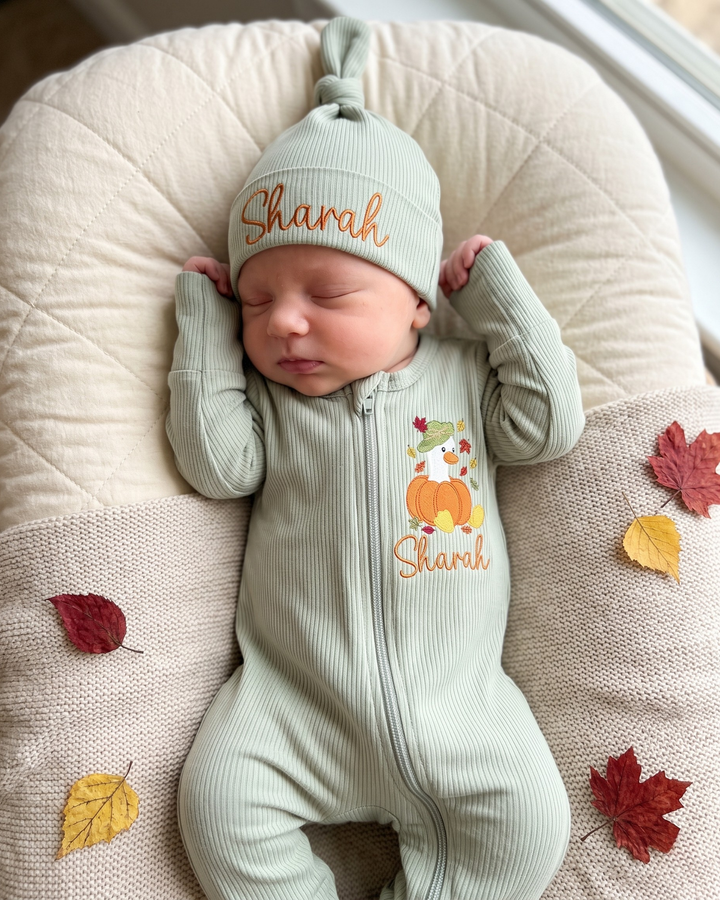 Custom Name Pumpkin Duckling Embroidered Ribbed Bamboo Zipper Footie
