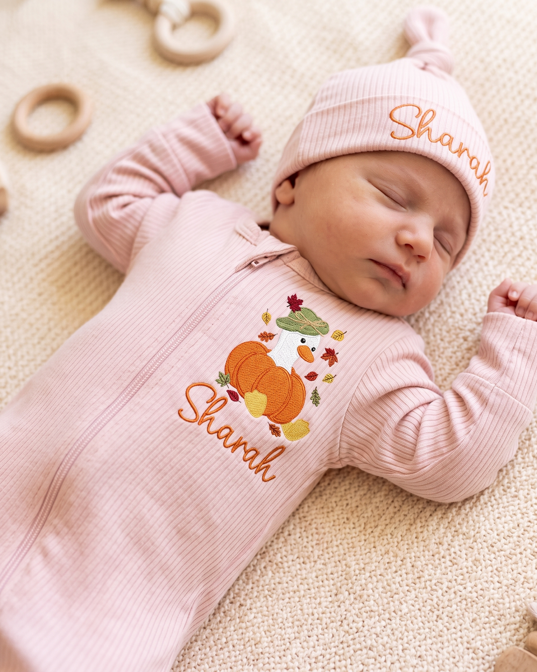 Custom Name Pumpkin Duckling Embroidered Ribbed Bamboo Zipper Footie