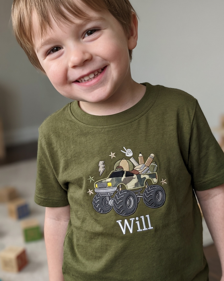 Custom Name Monster Truck Back To School Appliqué Embroidered Bamboo Crewneck T-Shirt