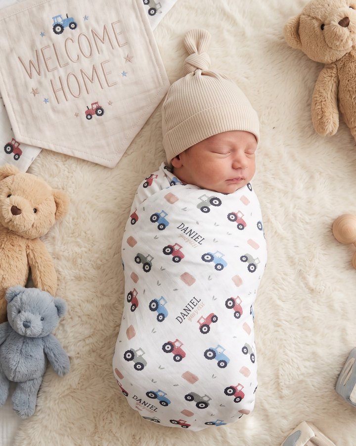 Little Farm Tractors Bamboo Swaddle Blanket