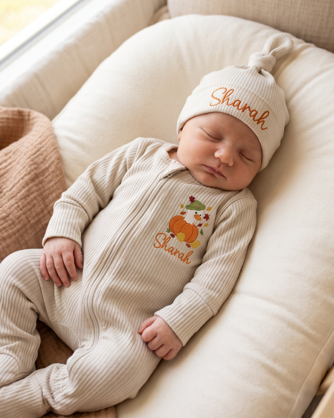 Custom Name Pumpkin Duckling Embroidered Ribbed Bamboo Zipper Footie