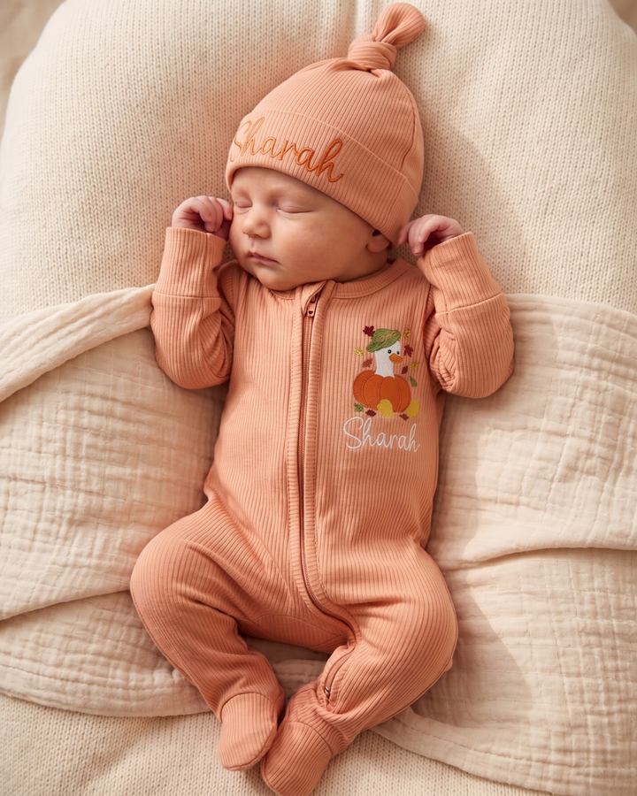 Custom Name Pumpkin Duckling Embroidered Ribbed Bamboo Zipper Footie