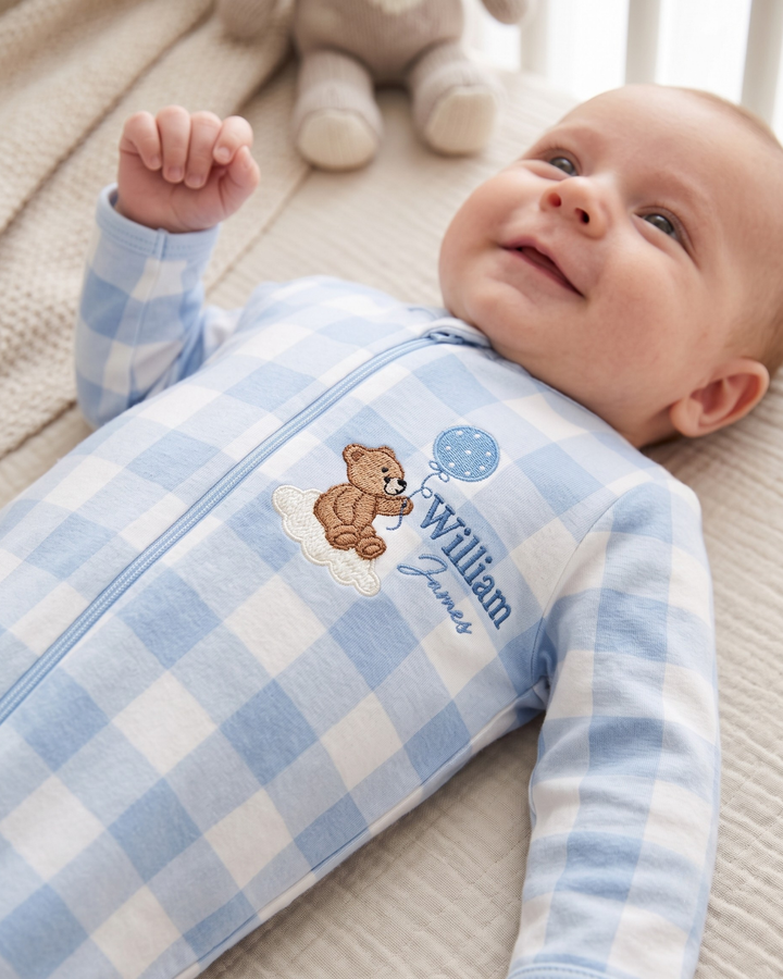 Custom Name Little Teddy Embroidered Bamboo Zipper Footie