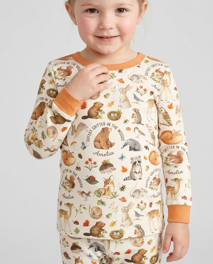 Cutest Critter In The Woods Custom Name Bamboo Two Piece Long Sleeve Pajama Set
