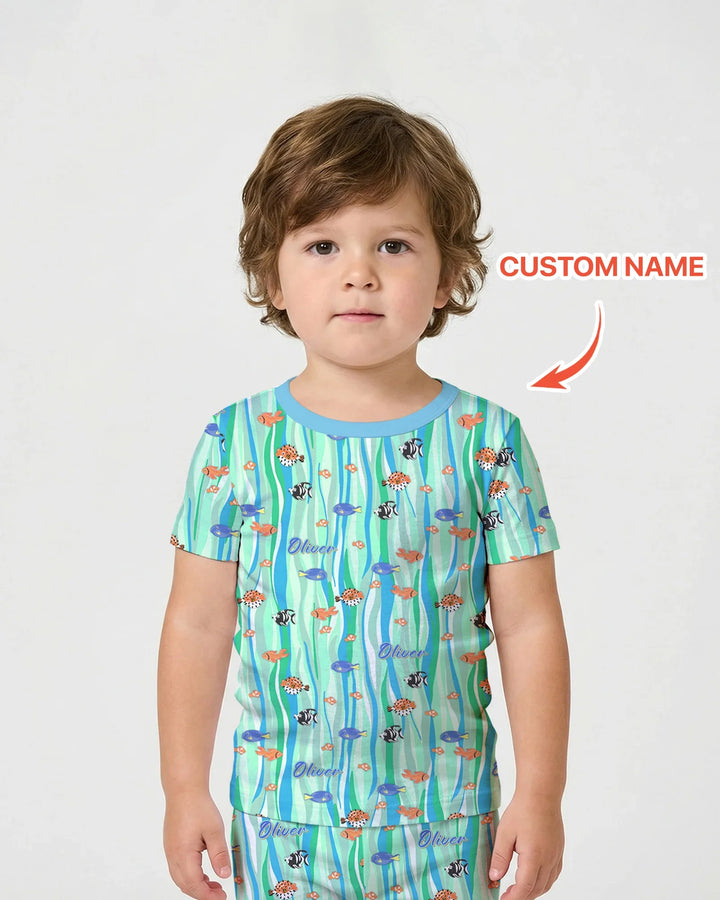 Custom Name Summer Beach Bamboo Two Piece Short Sleeve Shorts Pajama Set