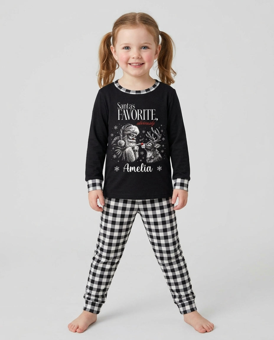 Custom Name Santa's Favorite Buffalo Plaid Bamboo Two Piece Long Sleeve Pajama Set