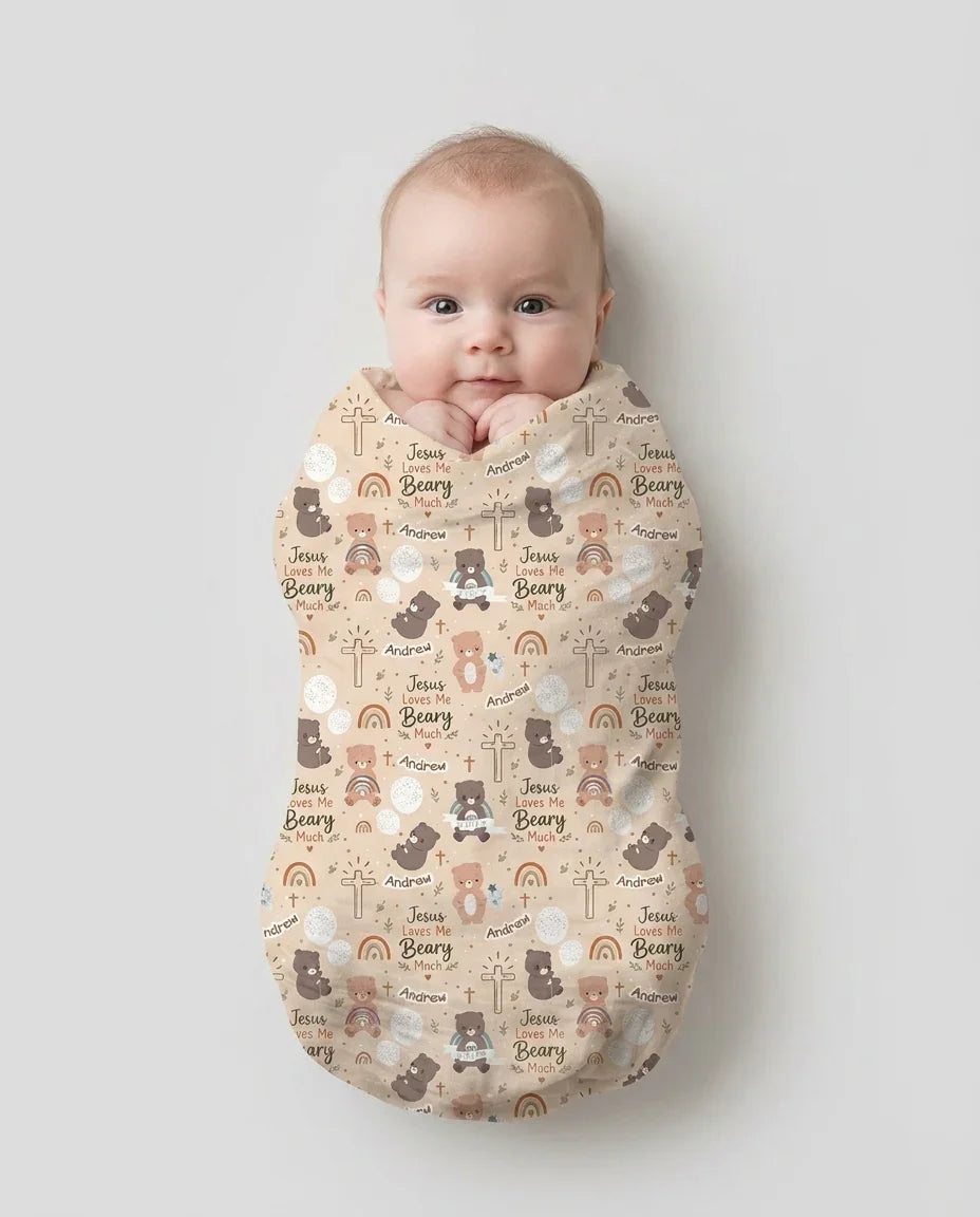 Custom Name Jesus Loves Me Beary Much Swaddle Blanket