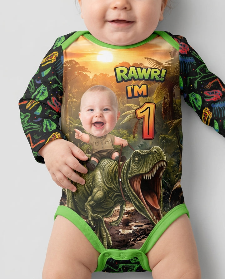 Custom Photo Dino Rawr Birthday Bamboo Bodysuit