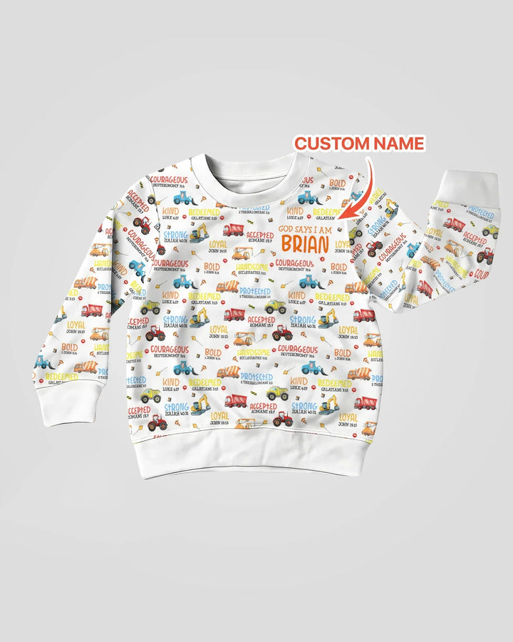 Personalisiertes „Gott sagt, ich bin ein kleiner Baumeister“-Bambus-Rundhals-Sweatshirt