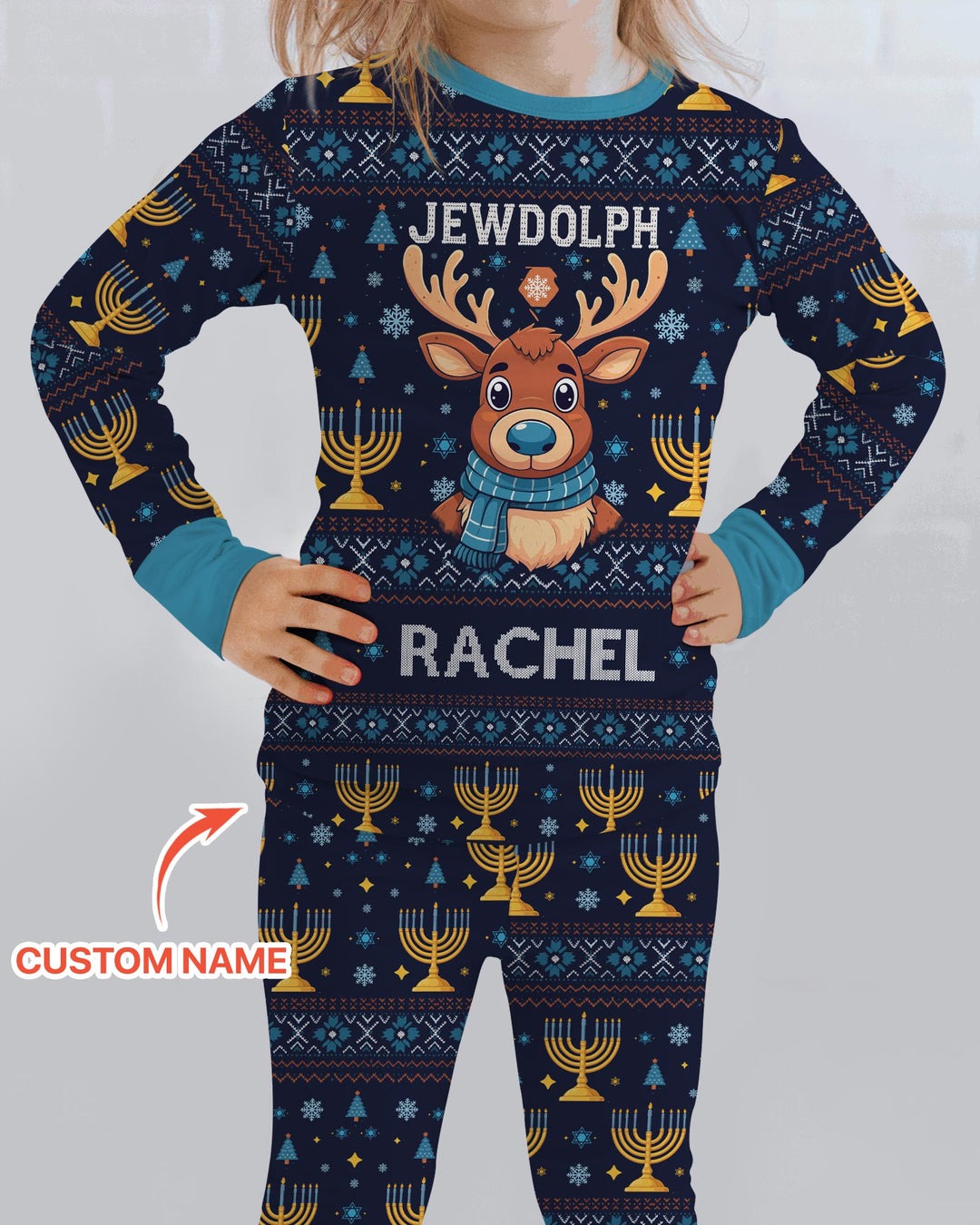 Custom Name Jewdolph Hanukkah Bamboo Two Piece Long Sleeve Pajama Set