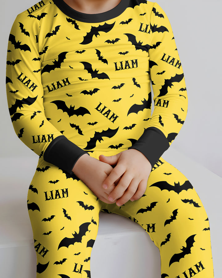 Black Bat Halloween Custom Name Bamboo Two Piece Long Sleeve Pajama Set