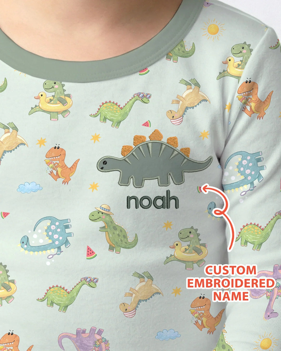 Custom Embroidered Name Summer Dinosaur Bamboo Two Piece Long Sleeve Pajama Set