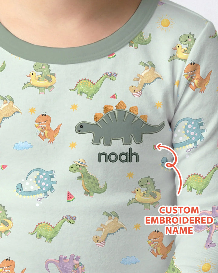 Custom Embroidered Name Summer Dinosaur Bamboo Two Piece Long Sleeve Pajama Set
