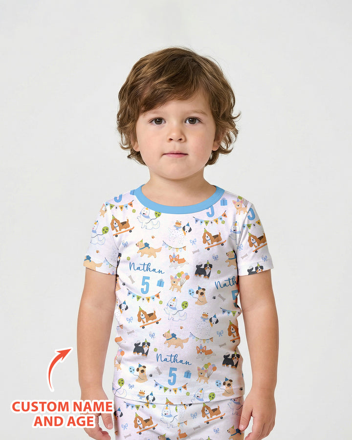 Custom Name Birthday Dogs Party Bamboo Two Piece Short Sleeve Shorts Pajama Set