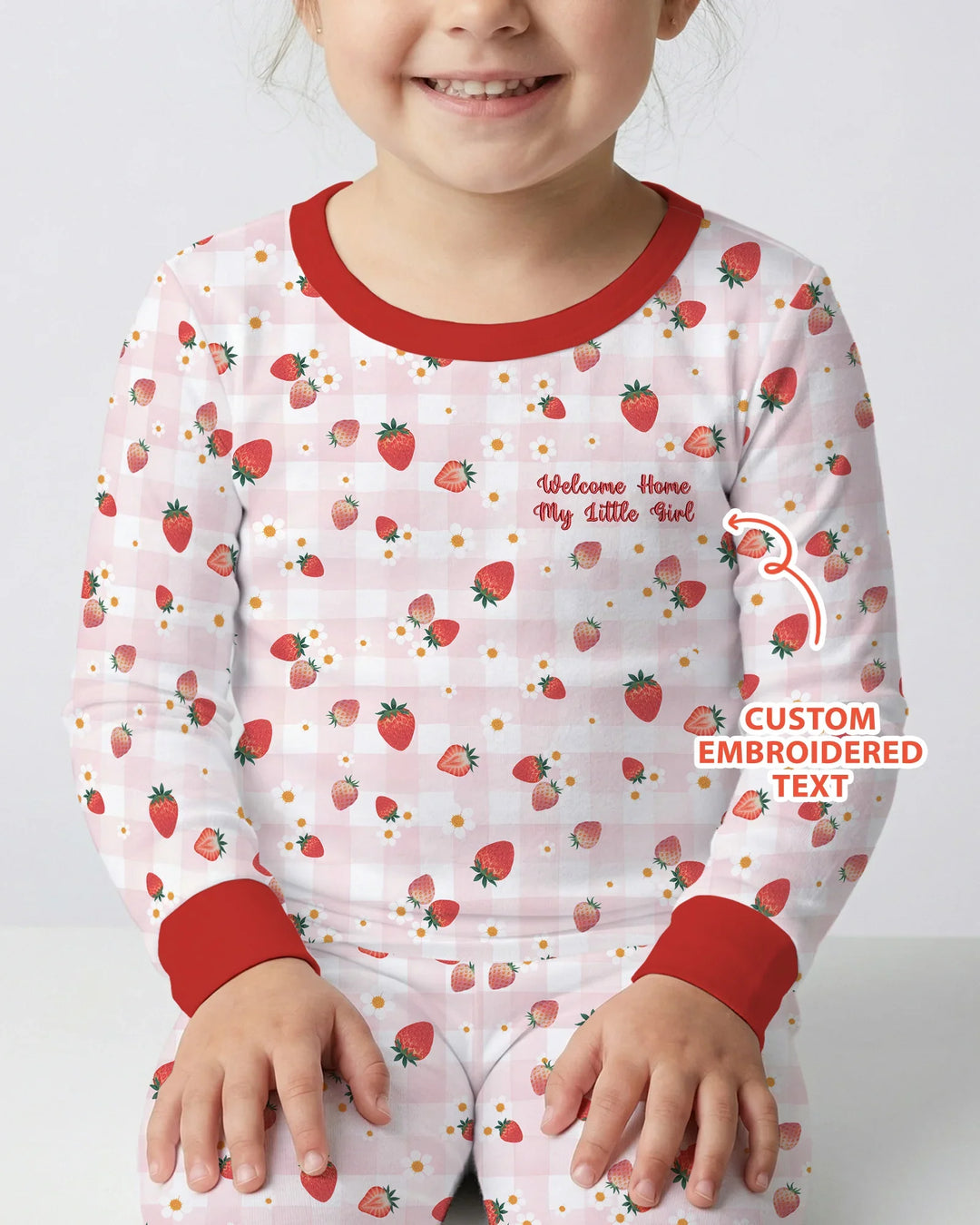 Embroidered Custom Text Strawberry Bamboo Two Piece Long Sleeve Pajama Set