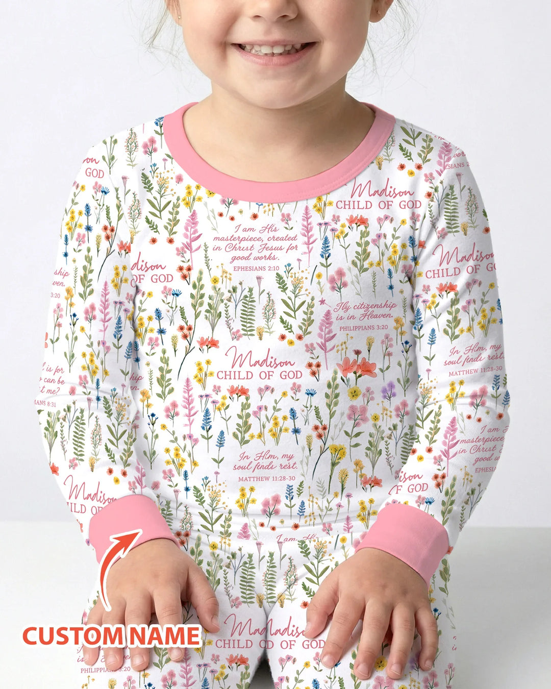 Custom Name Child of God Flower Garden Bamboo Two Piece Long Sleeve Pajama Set