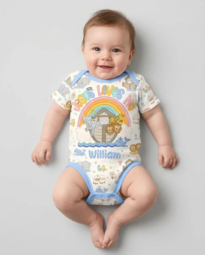 Custom Name Noah's Ark Jesus Loves Me Bamboo Bodysuit