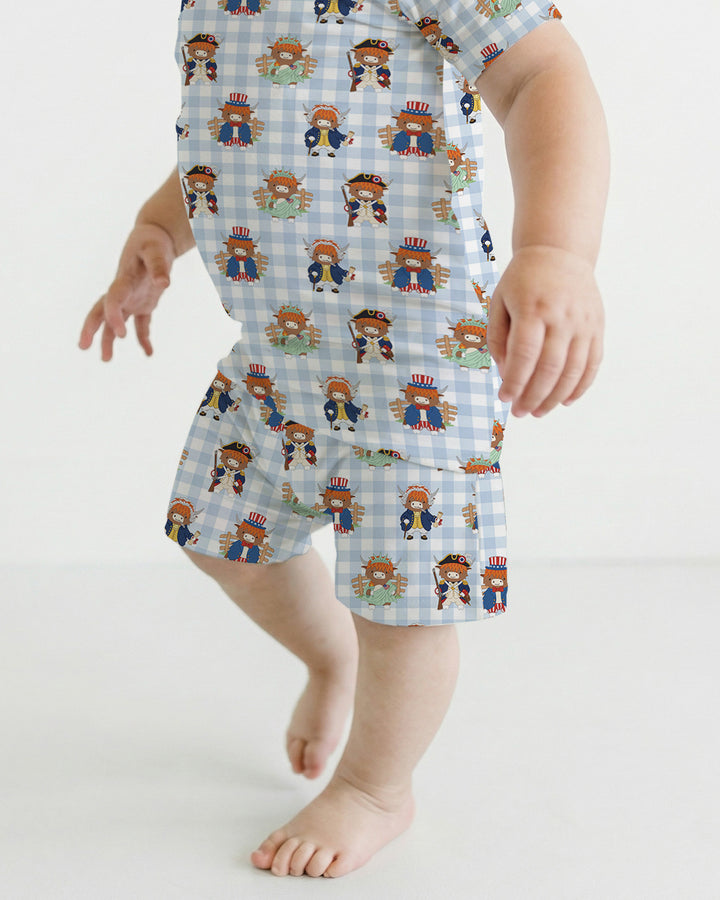 Patriotic 4th of July Highland Cow Bamboo Two Piece Short Sleeve Shorts Pajama Set