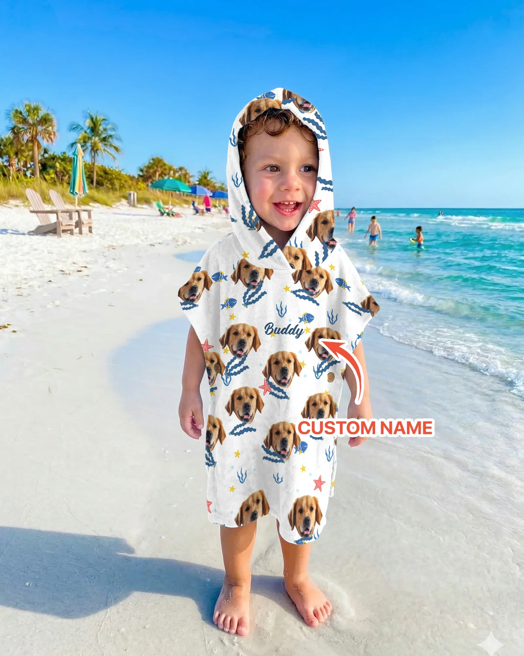 Individueller Foto-Bambus-Schwimmponcho „Wir brauchen alle Vitamin See“